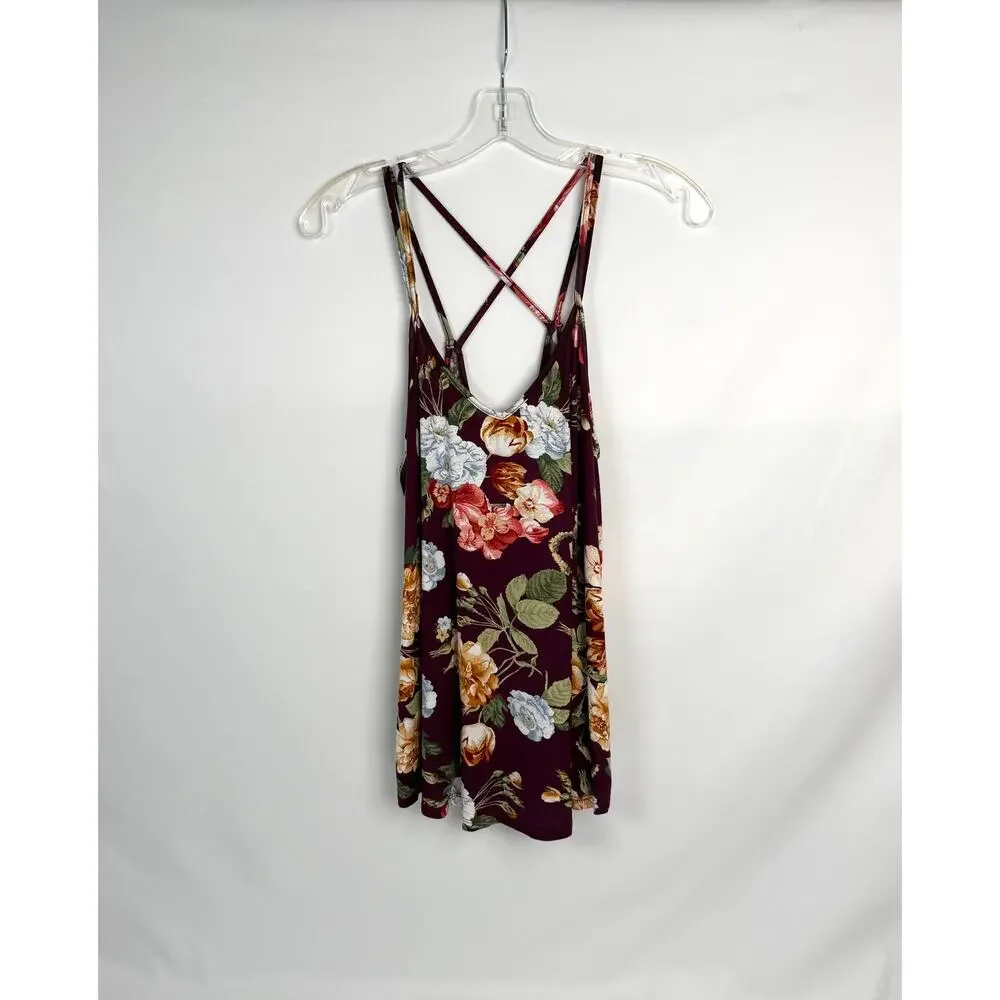 Papermoon Floral Criss Cross Tank Top XL Burgundy Sleeveless Cami NWT Boho